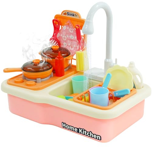 Ensemble de Jouets pour évier de Cuisine pour Enfants avec lavabo, évier de Cuisine avec Fruits, cuisinière et Accessoires de Vaisselle, Jouets pour Tout-Petits, garçons et Filles (Rose)