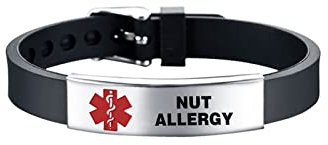 KunBead Jewelry NUT ALLERGY Medical Alert Bracelets for Women Adjustable Stainless Steel Silicone Emergency Awareness Medical ID Bracelet