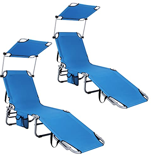 GIANTEX 2er Set Sonnenliege mit Dach, Gartenliege klappbar, Campingliege Strandliege Verstellbarer Rückenlehne, Liegestuhl mit Seitentasche, Liege Reiseliege bis 150 kg belastbar Relaxliege (Blau)