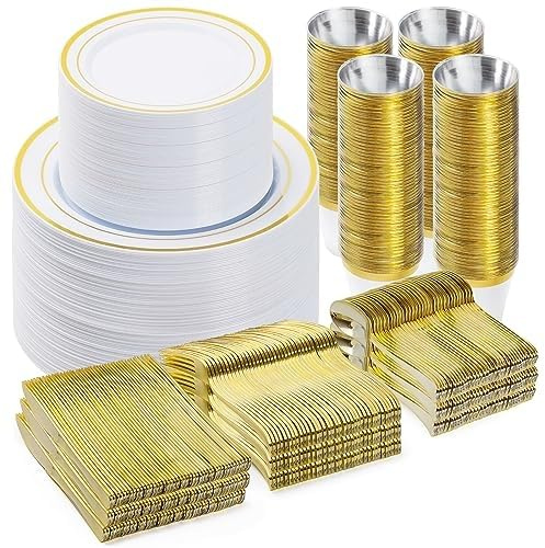 BESTVIP 600PCS Gold Dinnerware Set for 100 Guests, Plastic Plates for Party, 100 Gold Disposable Plates, 100 Dessert Plates, 100 Cups, 100 Spoons, 100 Forks and 100 Knives