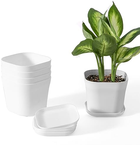BSTMOME Plastic Plant Seedling Pots,Square Plants Nursery Pot, Flower Pots with Saucer for Balcony,Garden,Home Decor (White)