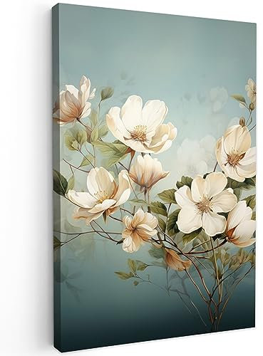 MuchoWow© Bilder 60x90 cm Wohnzimmer Deko Modern Wandbild Foto auf Leinwand Bild Schlafzimmer Room Decor Geschenke Vintage - Blumen - Weiß - Zweige - Natur