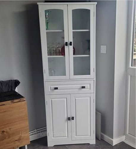 White Larder Unit Tall Kitchen Cupboard Shabby Chic Vintage Style Display Glass Door Large Wooden Cabinet Pantry Shelf Modern Freestanding Sideboard Dresser