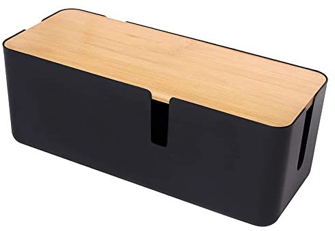 Tyuooker Cable Management Box with Bamboo Lid Small Box for Extension Cord Power Stripe Surge Protector(Black)