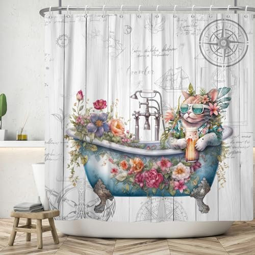ASDCXZ Lustig Duschvorhang 180x200 cm, Vintage Holz Maritime Hintergrund Lustig Katze Blumen Blätter Waschbar Bad Duschvorhänge Polyester Textil Wasserdicht Duschvorhang für Badewanne mit 12 Haken