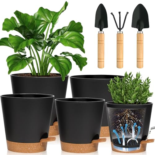 ENCOUN 5Pcs Pots de Fleurs, 13/14/15/17/18cm Pot pour Plante Auto-Arrosant, Pot Plante Plastique, Pot Fleur avec Soucoupe, Pot Plante avec Reserve d'eau/Mèche pour Interieur, Extérieurs, Jardins