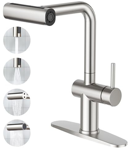 CREA Wasserfall-Küchenarmaturen mit abgesetztem Sprüher, Edelstahl gebürstetes Nickel, Wohnmobil-Wasserhahn, Einhand-Hahn für Küchenspüle, 4-in-1-Küchenspüle, Wasserhahn mit Sprüher, magnetisches