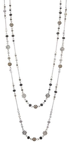 FULU AUTUMN Lange Perlenkette Damen Silber Schwarz Statement Kette Modeschmuck Kett Lang Vintage Schmuck Geburtstag Geschenke für Frauen(Black)
