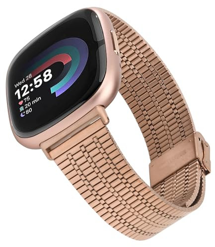 Wongeto Metal Watch Strap Compatible With Fitbit Versa 3/4, Sense/Sense 2 - Mesh Woven 316L Stainless Steel Band for Women Men (Rose Gold)