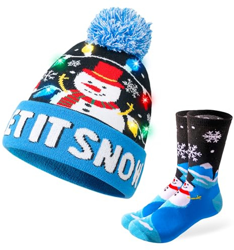 Giggling Getup Weihnachtsmütze für Erwachsene, leuchtende Weihnachtsmütze mit Crew-Socken für Damen, warme Strickmütze, Blau
