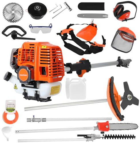 52cc Petrol Strimmer, 5 in 1 Multi Garden Tools Grass Trimmer, Hedge Trimmer Cordless, 2-Stroke Brush Cutter with 3T-Blade, Pruner Chainsaw, Extension Pole, 2.3Kw/9500 RPM Pole Saw (Orange)