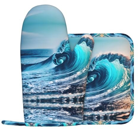 Ocean Sea Wave Silikon Ofenhandschuhe und Topfmatte Ofenhandschuhe zum Grillen, Kochen und Backen