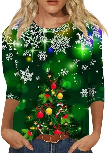 Weihnachts Shirt Damen Rundhals 3/4 Arm Tshirt | Weihnachts 3/4 Ärmel Oversized T Shirt Arbeits Cute T-Shirts Rundhals Weihnachtsmann Weihnachtsshirt