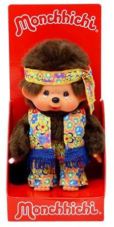 Sekiguchi 252886 - Original Monchhichi Junge Flower Power in Orange, Gelb und Blau, ca. 20 cm großes Kuscheltier aus braunem Plüsch