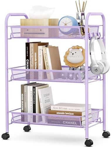 TOOLF 3-Tier Metal Rolling Cart, Mesh Wire Easy Assemble Utility Cart, Storage Trolley on Wheels with 3 Hooks, MetalStorage Shelving Units for Kitchen Bathroom Laundry Room