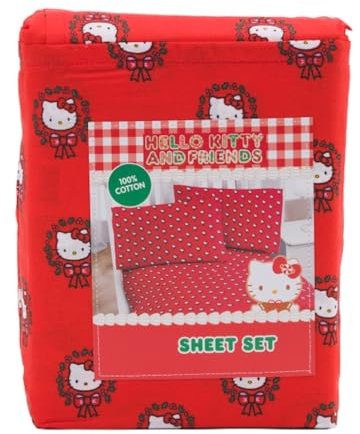 Jay Franco & Sons, Inc. Hello Kitty Weihnachtliches Baumwoll-Bettwäsche-Set (Rot – Kitty in Kränzen, Queen)