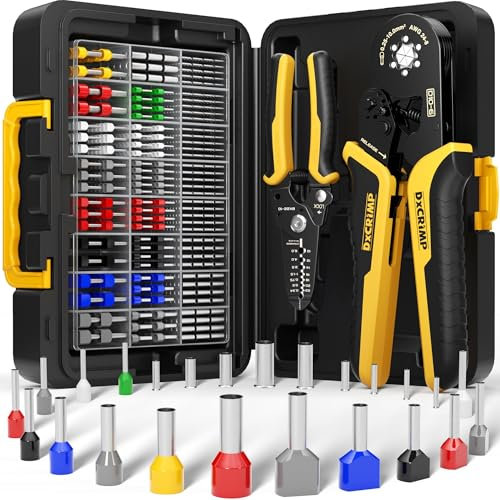 DxCRIMP Juego de Alicates de Crimpado Hexagonales Profesional, 0.25-10 mm², 24 Tipos Terminales Aislados/No Aislados, Alicates Automáticos para Electricistas con Función de Pelado y Corte,Kit Portátil