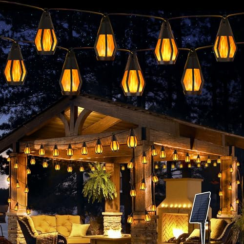 Geemoo Luces Solares Led Exterior Jardin, 6.3M Guirnaldas Luces Exterior Solar con 10 llamas Realistas, Impermeable Luces Solares Exterior para Jardin, Fiestas, Balcones, Patio, Halloween Decoracion