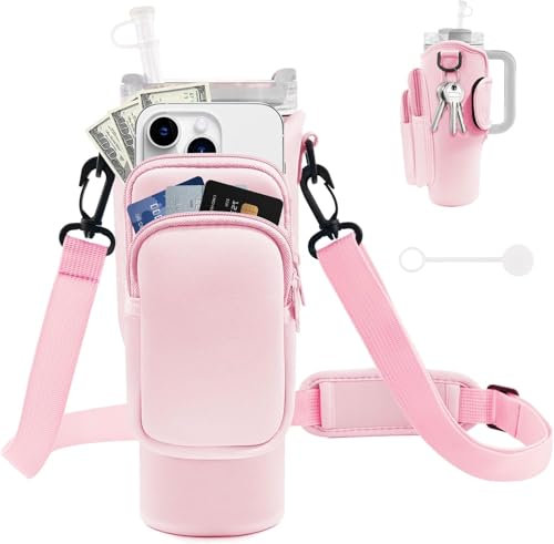 Vinanker Water Bottle Carrier Bag with Adjustable Strap for Stanley Cup 40 oz Tumbler, Water Bottle Holder Pouch with Detachable Phone Pocket & Straw Cover for Stanley Cup Accessories (Peony)