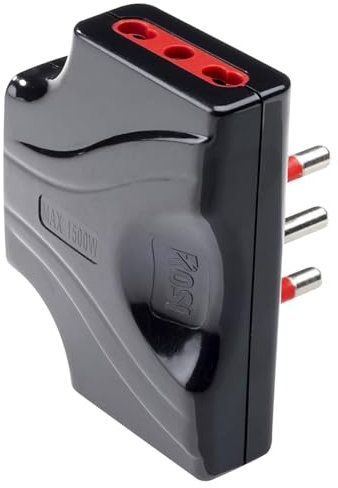 Tripla nera ultrapiatta, spina grande 16A, 3 prese bipasso bivalenti 10A/16A, adattatore triplo extra piatto, salvaspazio