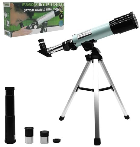 MOZMY Teleskop Anfänger, Astronomical Telescope Fernrohr Teleskop 360/50mm, Refraktor Teleskop für Einsteiger Amateur-Astronomen mit Verstellbarem Stativ, 2-Okulare, 3X Barlow Len(Himmelblau)