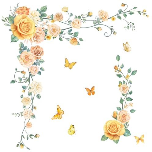 Fufuquare DIY Botanische Gelbe Rosen Wandtattoo Blumen Nichtgiftige Wasserdichte Wandaufkleber für Kinderzimmer Schlafzimmer Wohnzimmer Badezimmer