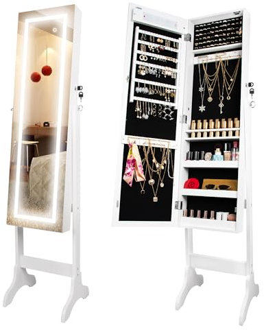 Ezigoo Mirror with Storage Standing Jewelry Cabinet with LED Light Full Length Mirror with Ample Storage for Earrings, Necklaces, Rings, and Lipsticks