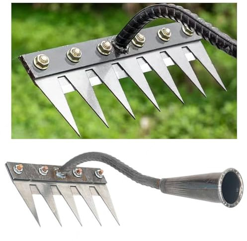 Rastrello in acciaio al manganese, rastrello in ferro ispessito a 5 denti per giardinaggio e diserbo, rastrelli per livellare il prato, strumento per rimuovere erbacce e indumentare, rastrelli da