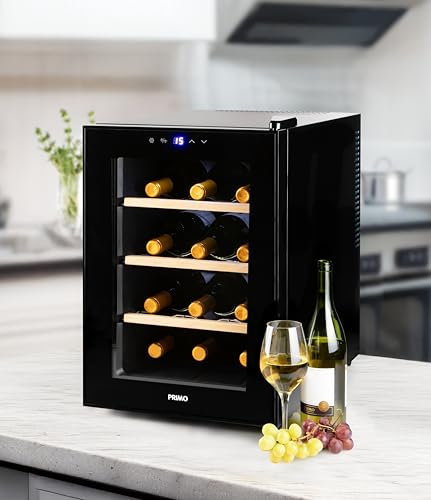 PRIMO PR190WK Weinkühlschrank, 12 Flaschen, Klasse F, freistehend, Schwarz