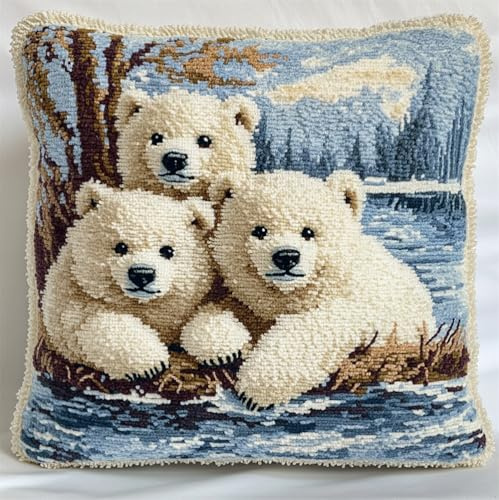 Rqwybcaxn Latch Hook Kit Cushion for Adults,Polar Bear Cubs DIY Craft Latch Hook Rug Kits Embroidery Latch Hook Pillow Cover Kit for Christmas/Gifts,17X17Inch