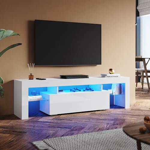 SUNXURY Meuble TV bas à LED blanc brillant 160 cm avec éclairage LED RVB 160 x 45 x 35 cm (l x H x P)