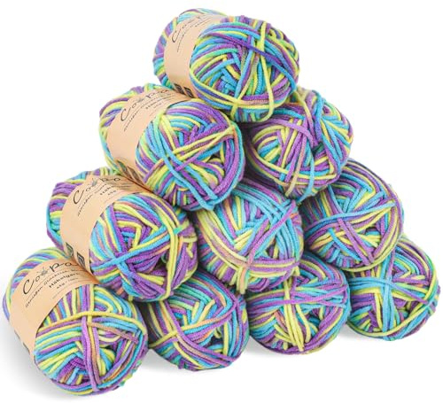 Coopay Wolle zum Häkeln, Farbverlauf Häkelgarn 10x45g, Wolle zum Stricken, Weiche Bunt Milchfaser Baumwolle zum Häkeln, 5-Fädig, Schöne Häkelwolle für Schal, Socken, Babykleidung - Lila Gelb Blau