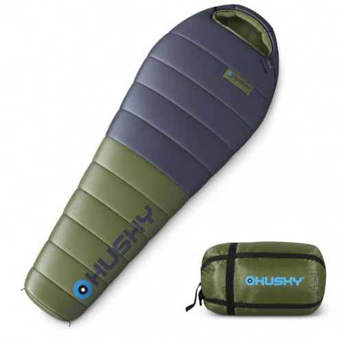Husky Devon Mumienschlafsack 2-3 Jahreszeiten bis -5°C Blau/Khaki 220x85 cm | Für Frühling bis Herbst, Camping & Trekking; leicht, bequem, wärmend und praktisch für Outdoor-Touren und Reisen.