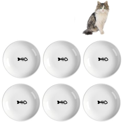 6PCS 5.9 Inch Ceramic Cat Bowls, Wide Shallow Dishes (6 Fish) | Whisker-Friendly Plates, Food and Water Bowl for Indoor Cats, Dishwasher Safe