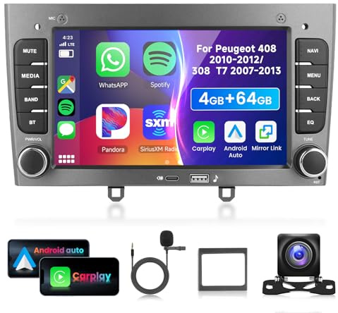 4G 64G VECHTEL 7 Autoradio Bluetooth per Peugeot 408 2010-2012/308 T7 2007-2013 Carplay Android Auto,DSP EQ,Wifi GPS Navi,RDS/FM Radio 2 din con Retrocamera AHD