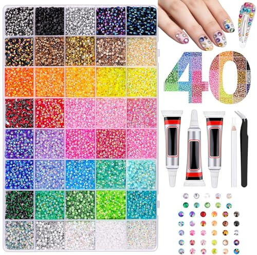 32000 x Glitzersteine Bedazzler Kit mit Glue, 40 Farben 3mm Bedazzling | Harz Rhinestones mit Kleber, Glitzersteinen zum Kleben für Diy Basteln, Nägel Charms, Textilien, Diamantmalerei, Kostüm