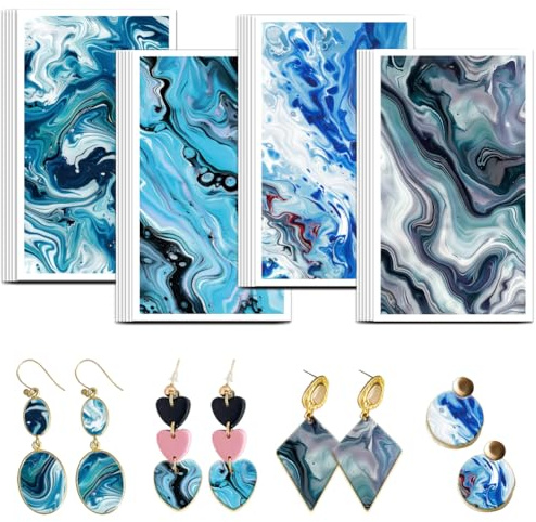 OLYCRAFT 24 Stück Blauer Marmor Ton TransferPapier 4 Design Flüssiger Marmor Ton TransferPapiere für Polymer Clay Ohrringe Murmeln Keramik Abziehbilder für Ohrring Schmuck Herstellung