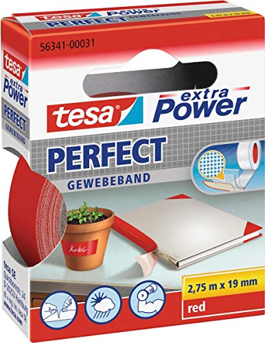 tesa extra Power Perfect Gewebeband - Gewebeverstärktes Ductape zum Basteln, Reparieren, Befestigen, Verstärken und Beschriften - Rot - 2,75 m x 19 mm