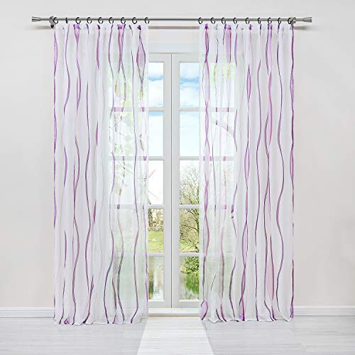 HongYa 1er-Pack Voile Gardine Transparenter Vorhang mit Kräuselband Wellen Druck H/B 245/140 cm Weiß Beere
