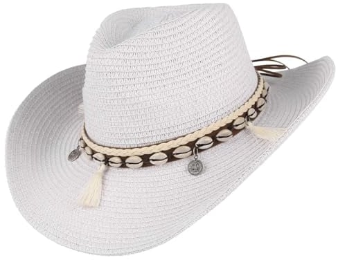 GEMVIE Women's Summer Straw Cowboy Cowgirl Hat Sun Hats Wide Brim Beach Holiday Straw Hat with Shell Band-White