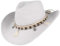 GEMVIE Women's Summer Straw Cowboy Cowgirl Hat Sun Hats Wide Brim Beach Holiday Straw Hat with Shell Band-White