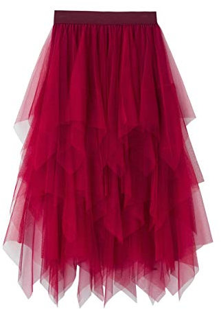 Geagodelia Tüllrock Damen Mädchen Elegant Weich Knielang/Lang Sommerrock Vintage Tütü Rüschen Tüll Rock One Size 36/38/40 F-47737 (Rot)