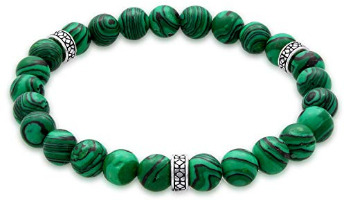 Kuzzoi Buddha Herren Armband mit grünen Malachit Edelstein Perlen und Beads in 925 Sterling Silber oxidiert, Yogaarmband, Energiearmband, Länge 19 cm, elastisch ohne Verschluss
