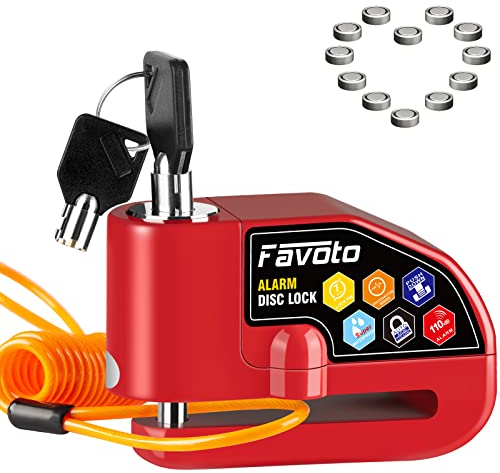 Favoto Lucchetto Antifurto Moto Bloccadisco Moto 2 Chiavi e 12 Batterie (Disponibilità 3 Anni) con Allarme Sonoro 110dB per Moto Motocicli Bici Scooter, con Cavo a Molla e Borsa Trasporto-Rosso