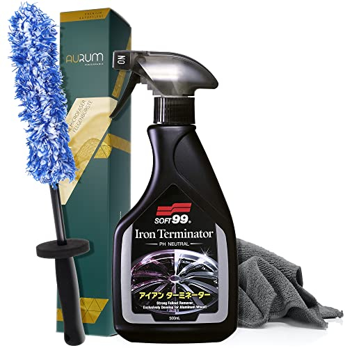 detailmate Felgenreinigungsset: Soft99 Iron Terminator Felgenreiniger 500ml + Aurum ultraFlat Microfaser Felgenbürste Mikrofasertuch 320GSM