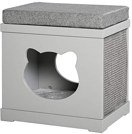 PawHut Cat House Bed Kitten Cave Cube Indoor for Small Pet with Removable Sisal Scratching Pads Soft Cushions, 41x30x36 cm, Grey