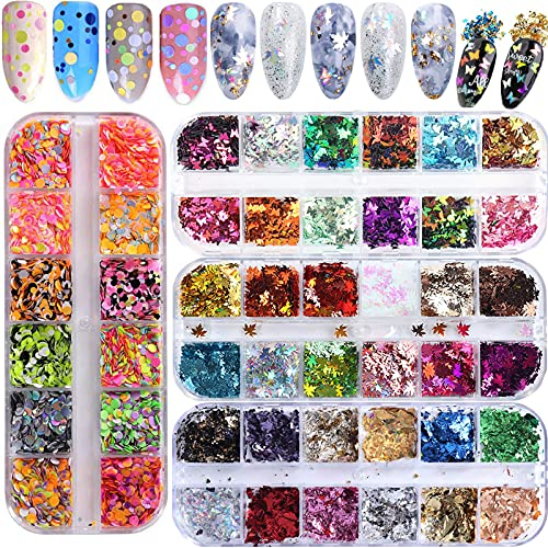 48 Farbe Nagel Pailletten Glitter, 3D Schmetterlingsnagel Glitzer Pailletten, Sterne Ahornblatt Schmetterling Nagel Glitter für Festival Dekoration, Basteln, DIY Nägel Kunst Dekoration