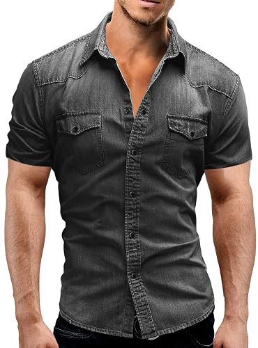 Men Denim Thin Shirt Short Sleeve Soft Cotton Two Pockets Slim Slight Elastic Jeans Cowboy Shirt (gray,Large)