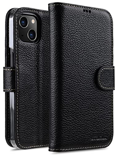 STILGUT Talis kompatibel mit iPhone 13 Mini (5.4“) Hülle mit Kartenfach aus Leder, Flip Cover, Wallet Case, Handyhülle mit Fächern, Standfunktion & Verschluss - Schwarz