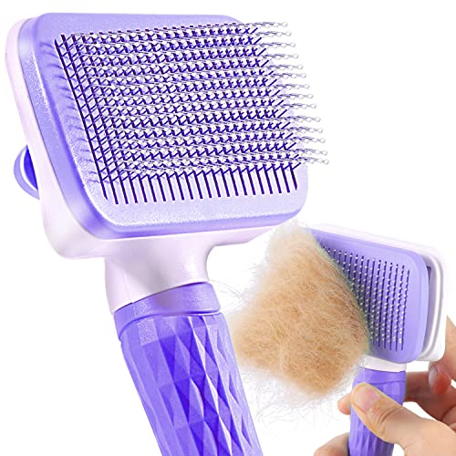 ACE2ACE Haustier Hundebürste Katzenbürste, Haustier Bürsten, Haar Entferner Haustierbürste für Langhaar und Kurzhaar, Sauberes Haustierhaar von der Bürste mit Einem Knopf, violett